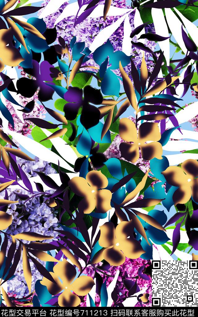树叶花朵花卉数码印花华亿平台下载（图片编号: 711213） - 瓦栏（Walan）