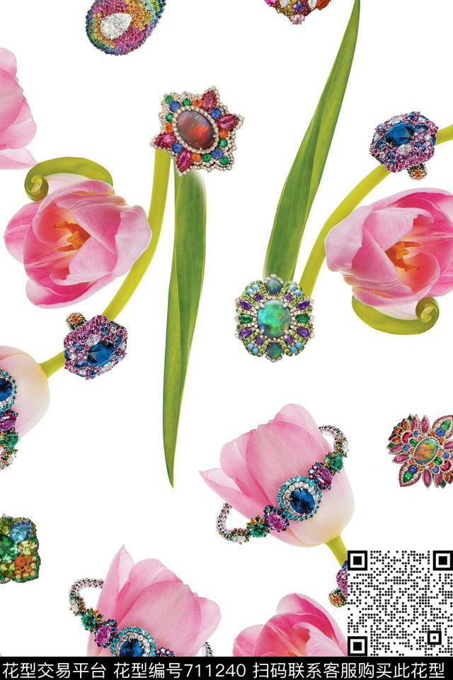 五彩花卉珠宝砖石郁金香数码印花华亿平台下载（图片编号: 711240） - 瓦栏（Walan）
