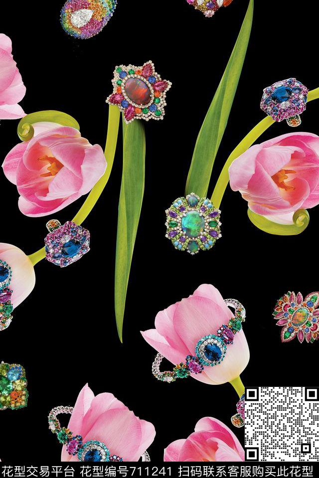 五彩花卉珠宝砖石郁金香数码印花华亿平台下载（图片编号: 711241） - 瓦栏（Walan）