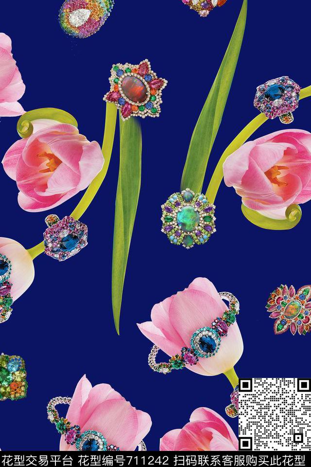 五彩花卉珠宝砖石郁金香数码印花华亿平台下载（图片编号: 711242） - 瓦栏（Walan）