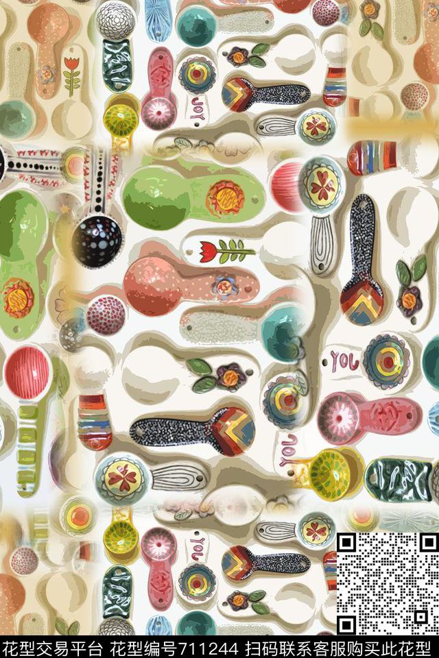 勺子组合餐具艺向趣味图案数码印花华亿平台下载（图片编号: 711244） - 瓦栏（Walan）