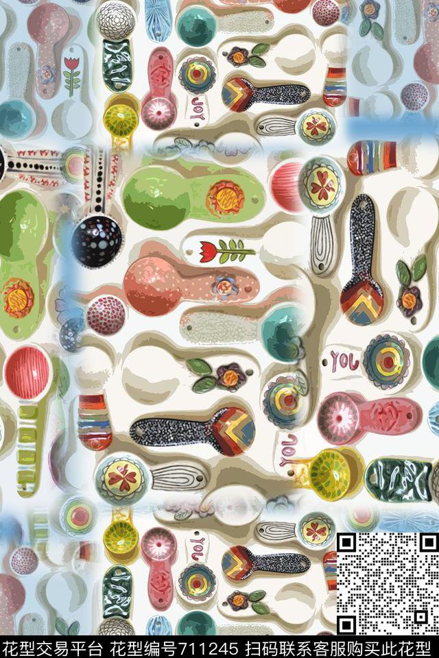 勺子组合餐具艺向趣味图案数码印花华亿平台下载（图片编号: 711245） - 瓦栏（Walan）