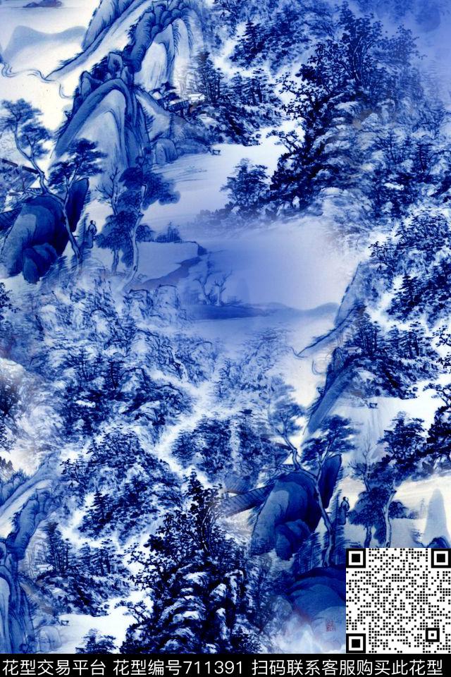 中国风手绘山水数码印花华亿平台下载（图片编号: 711391） - 瓦栏（Walan）
