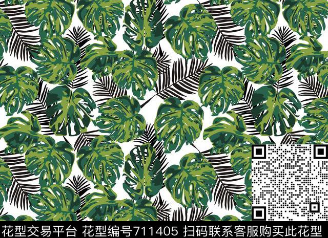 龟背叶水彩植物传统印花华亿平台下载（图片编号: 711405） - 瓦栏（Walan）