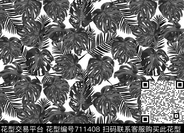 龟背叶水彩植物传统印花华亿平台下载（图片编号: 711408） - 瓦栏（Walan）