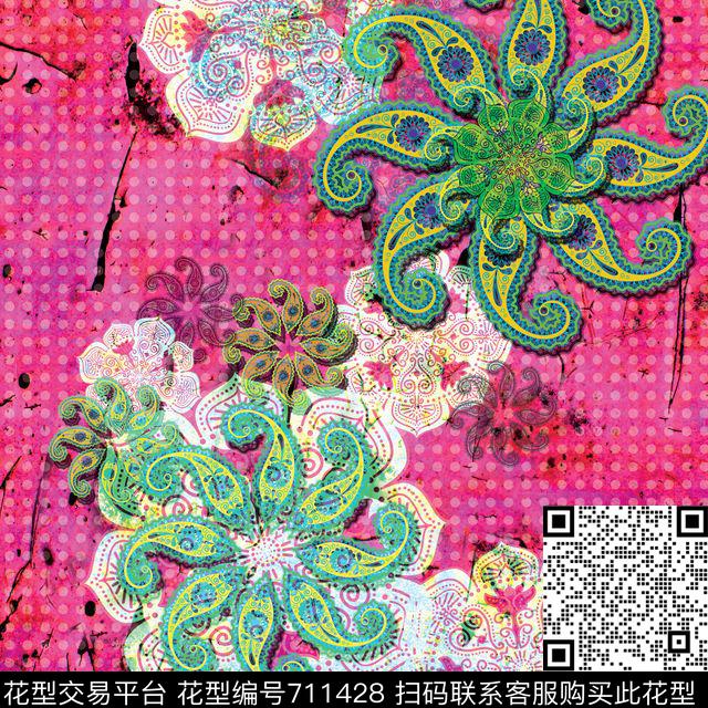 乱花曼陀罗牵牛花数码印花华亿平台下载（图片编号: 711428） - 瓦栏（Walan）