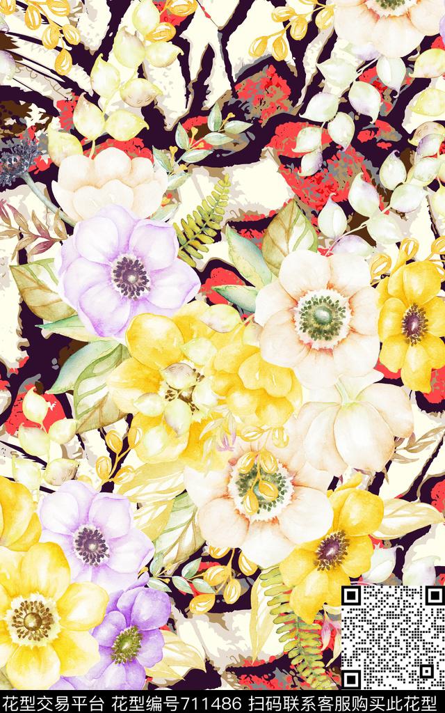 大花花朵花卉数码印花华亿平台下载（图片编号: 711486） - 瓦栏（Walan）