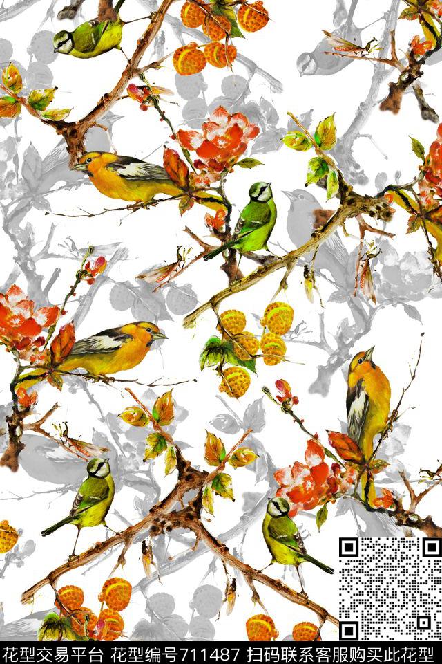 鸟树枝叶子数码印花华亿平台下载（图片编号: 711487） - 瓦栏（Walan）
