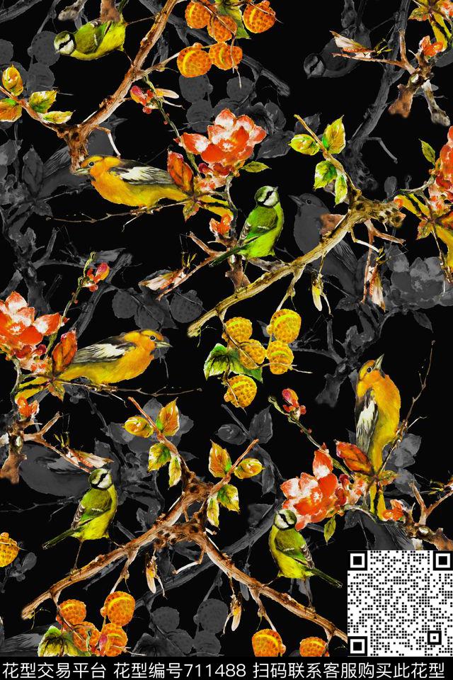 鸟树枝叶子数码印花华亿平台下载（图片编号: 711488） - 瓦栏（Walan）