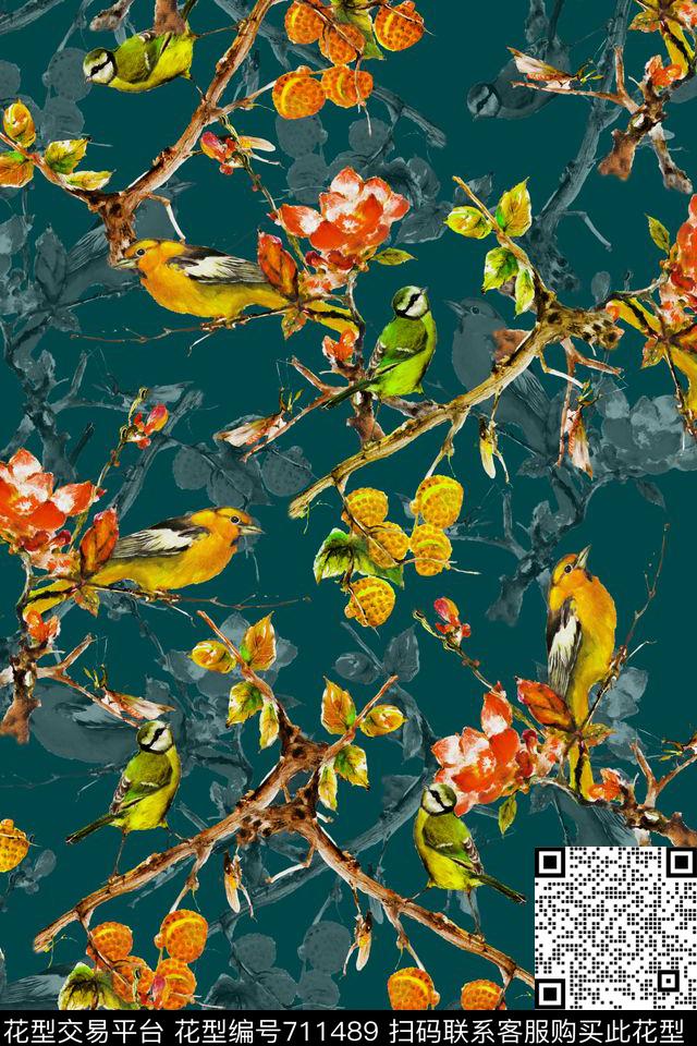 鸟树枝叶子数码印花华亿平台下载（图片编号: 711489） - 瓦栏（Walan）