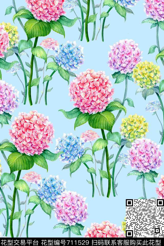 水彩花卉花绣球数码印花华亿平台下载（图片编号: 711529） - 瓦栏（Walan）