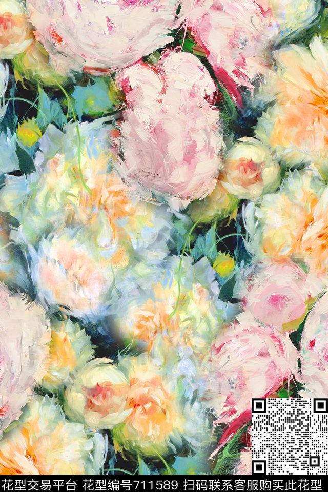 油画花卉玫瑰花多彩花卉数码印花华亿平台下载（图片编号: 711589） - 瓦栏（Walan）