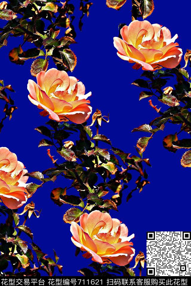 抽象手绘植物玫瑰花花卉数码印花时尚潮流复古欧美大牌女装裙子印花潮流设计男装夹克外套卫衣印花数码印花华亿平台下载（图片编号: 711621） - 瓦栏（Walan）