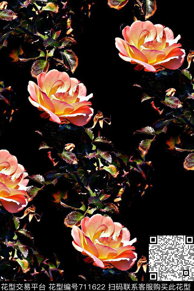 抽象手绘植物玫瑰花花卉数码印花时尚潮流复古欧美大牌女装裙子印花潮流设计男装夹克外套卫衣印花数码印花华亿平台下载（图片编号: 711622） - 瓦栏（Walan）