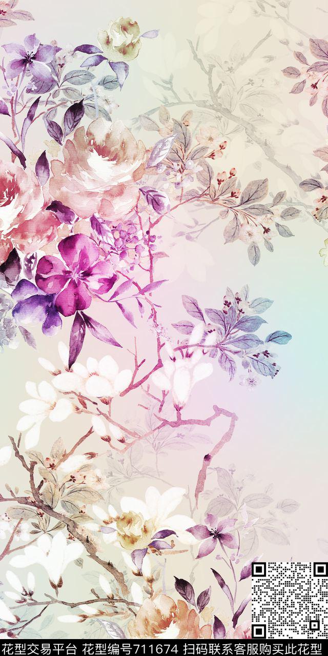 竹叶花朵小碎花数码印花华亿平台下载（图片编号: 711674） - 瓦栏（Walan）
