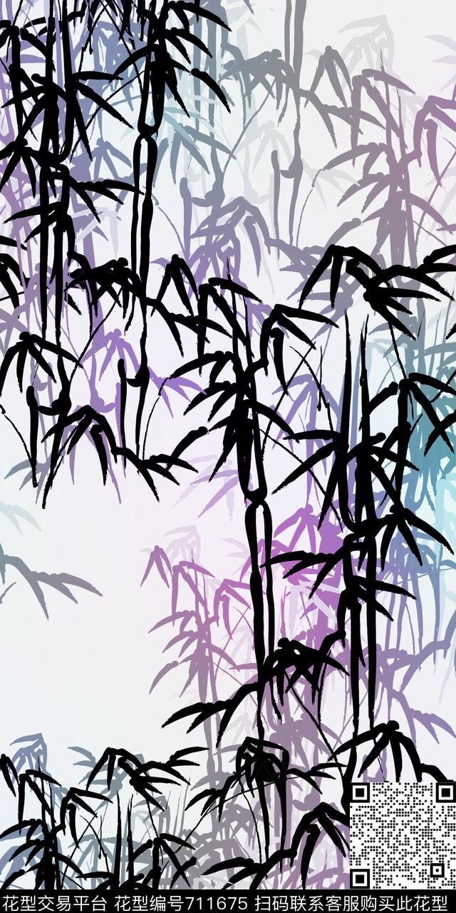 竹叶叶子水墨数码印花华亿平台下载（图片编号: 711675） - 瓦栏（Walan）