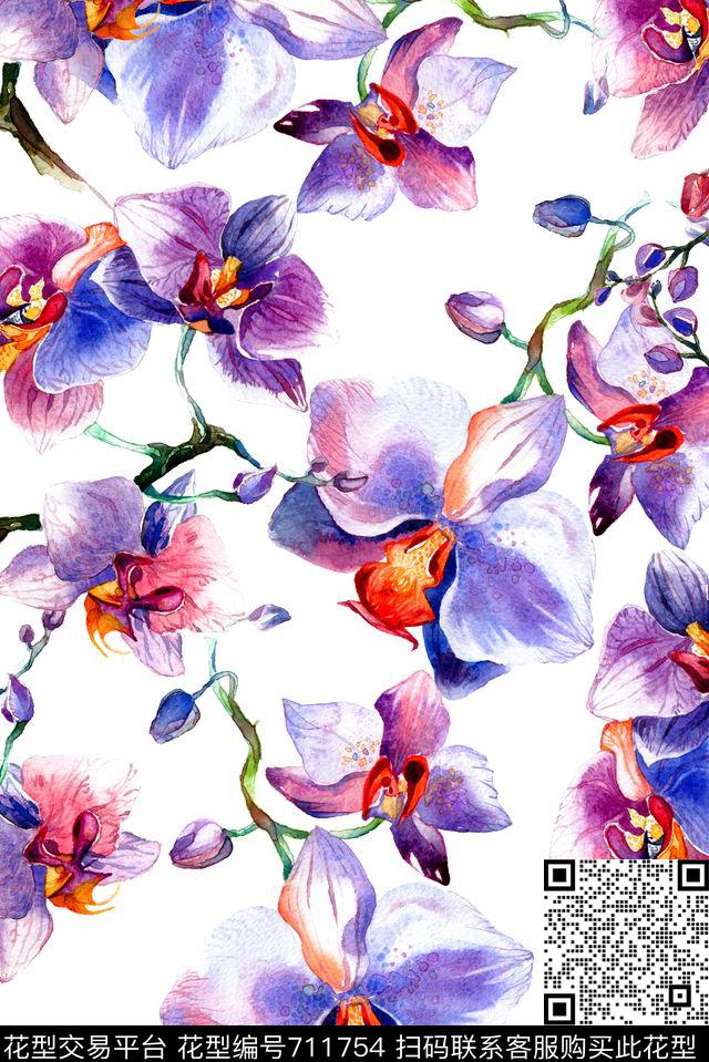 手绘紫罗兰花卉数码印花华亿平台下载（图片编号: 711754） - 瓦栏（Walan）