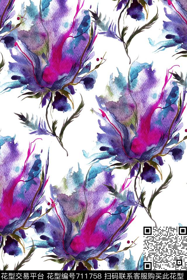 抽象手绘花卉数码印花华亿平台下载（图片编号: 711758） - 瓦栏（Walan）