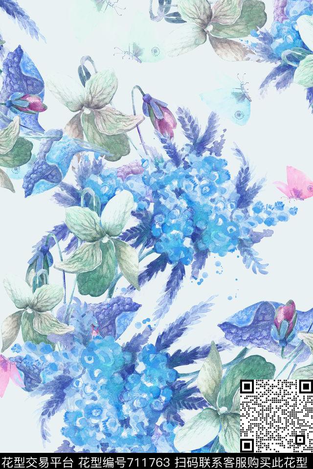 淡雅手绘花卉数码印花华亿平台下载（图片编号: 711763） - 瓦栏（Walan）