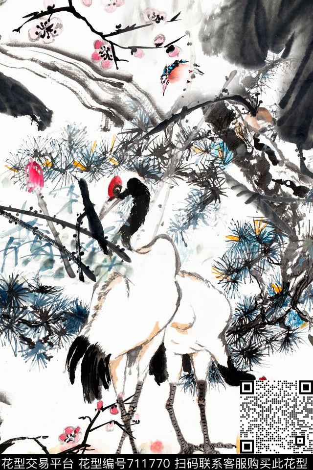 中国风仙鹤桃花数码印花华亿平台下载（图片编号: 711770） - 瓦栏（Walan）