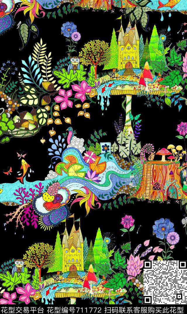 风景插画花卉数码印花华亿平台下载（图片编号: 711772） - 瓦栏（Walan）