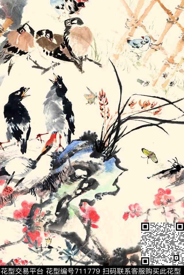 中国风花鸟桃花数码印花华亿平台下载（图片编号: 711779） - 瓦栏（Walan）