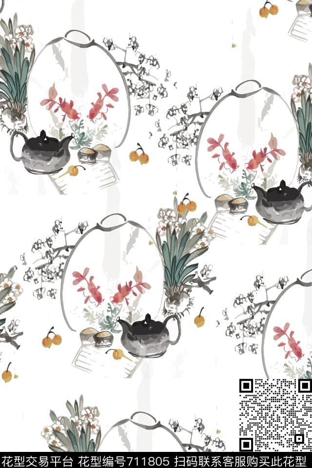 国画水仙金鱼数码印花华亿平台下载（图片编号: 711805） - 瓦栏（Walan）