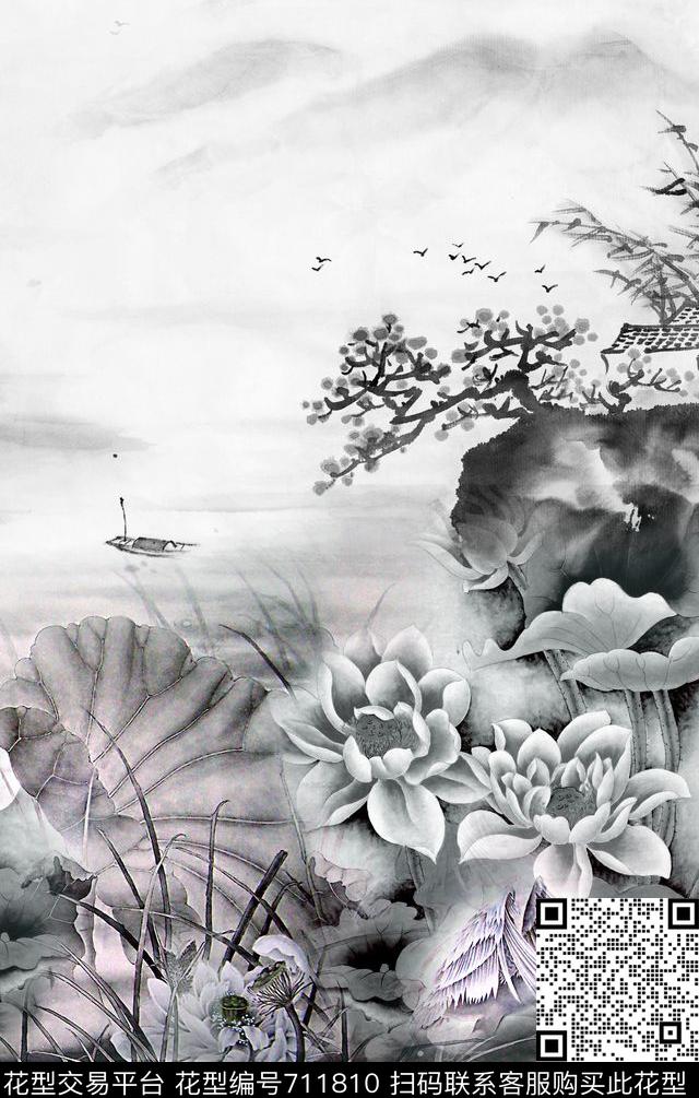 工笔画荷花黑白水墨画数码印花华亿平台下载（图片编号: 711810） - 瓦栏（Walan）
