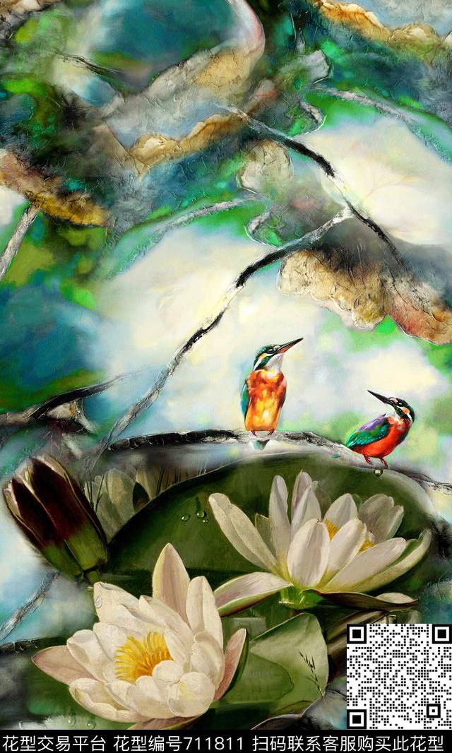 荷花油画鸟数码印花华亿平台下载（图片编号: 711811） - 瓦栏（Walan）
