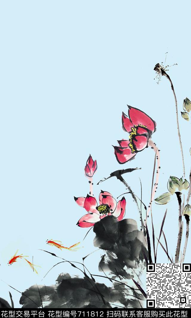 水墨荷花中国风写意荷花数码印花华亿平台下载（图片编号: 711812） - 瓦栏（Walan）