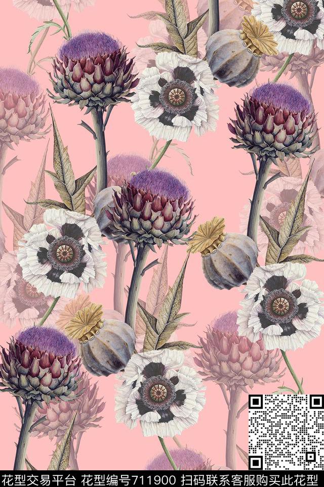 绣球花罂粟花花朵数码印花华亿平台下载（图片编号: 711900） - 瓦栏（Walan）