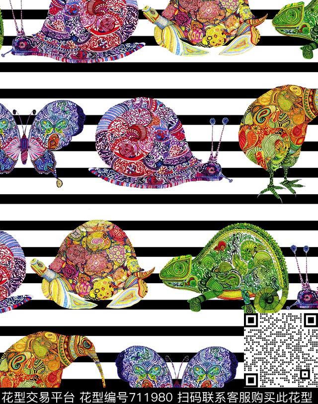 趣味横条昆虫数码印花华亿平台下载（图片编号: 711980） - 瓦栏（Walan）