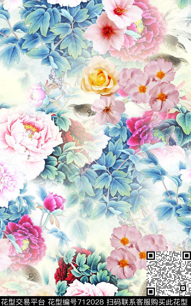 中国风国画牡丹数码印花华亿平台下载（图片编号: 712028） - 瓦栏（Walan）