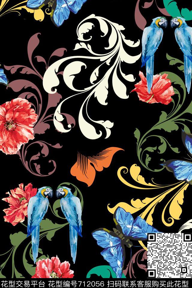 花卉欧式鹦鹉数码印花华亿平台下载（图片编号: 712056） - 瓦栏（Walan）
