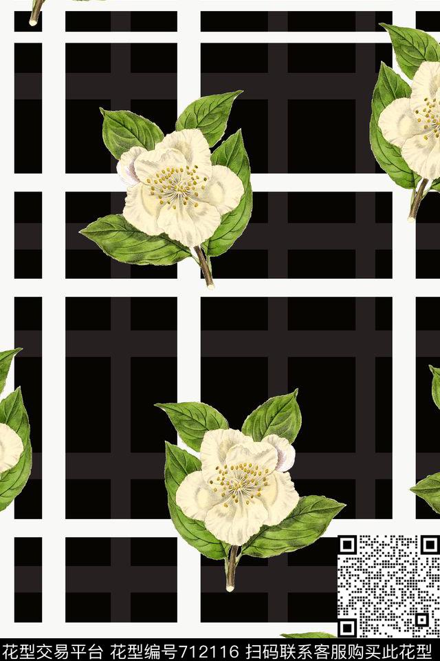 格子花朵花卉数码印花华亿平台下载（图片编号: 712116） - 瓦栏（Walan）
