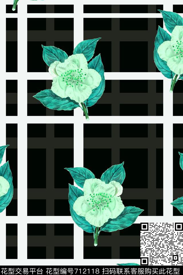格子花朵花卉数码印花华亿平台下载（图片编号: 712118） - 瓦栏（Walan）