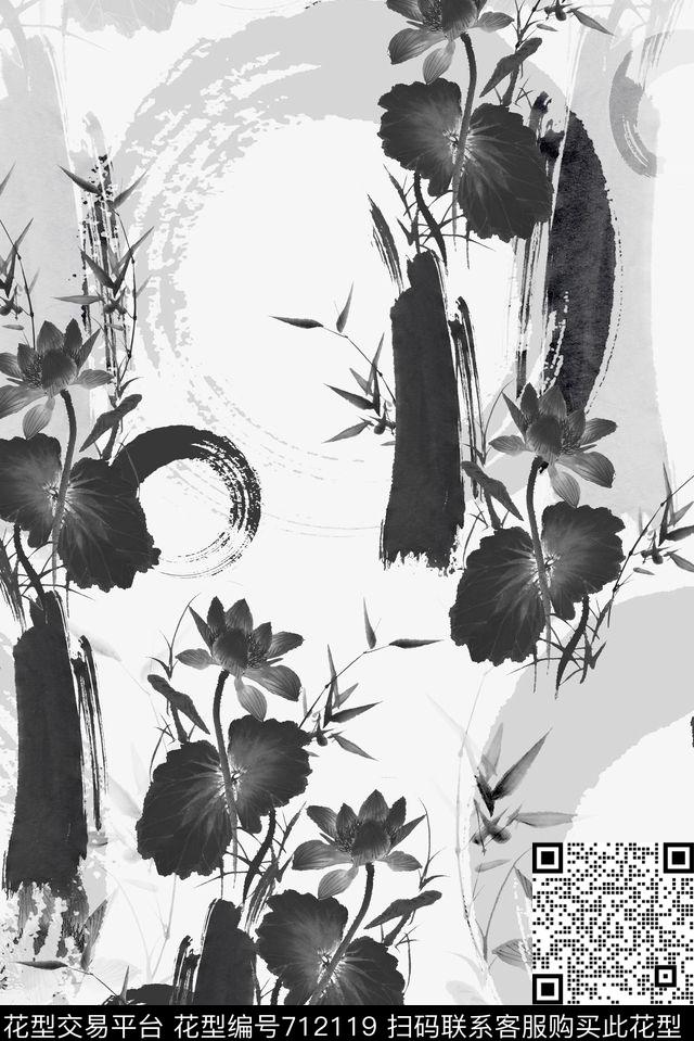 水墨画水墨荷花莲花传统印花华亿平台下载（图片编号: 712119） - 瓦栏（Walan）