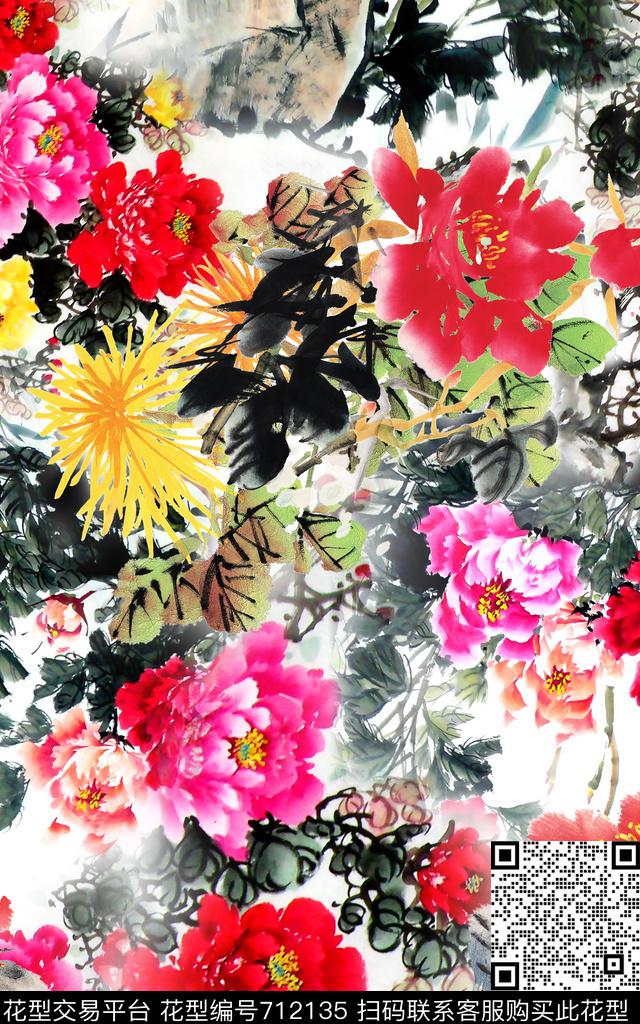 国画中国风牡丹数码印花华亿平台下载（图片编号: 712135） - 瓦栏（Walan）