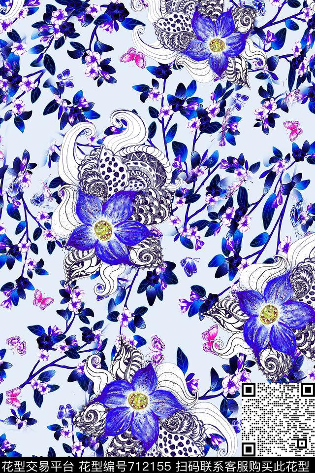 小碎花蝴蝶花卉数码印花华亿平台下载（图片编号: 712155） - 瓦栏（Walan）