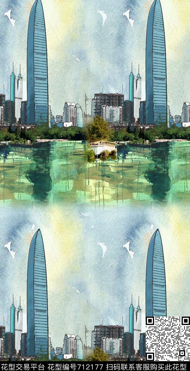 建筑水彩风景数码印花华亿平台下载（图片编号: 712177） - 瓦栏（Walan）