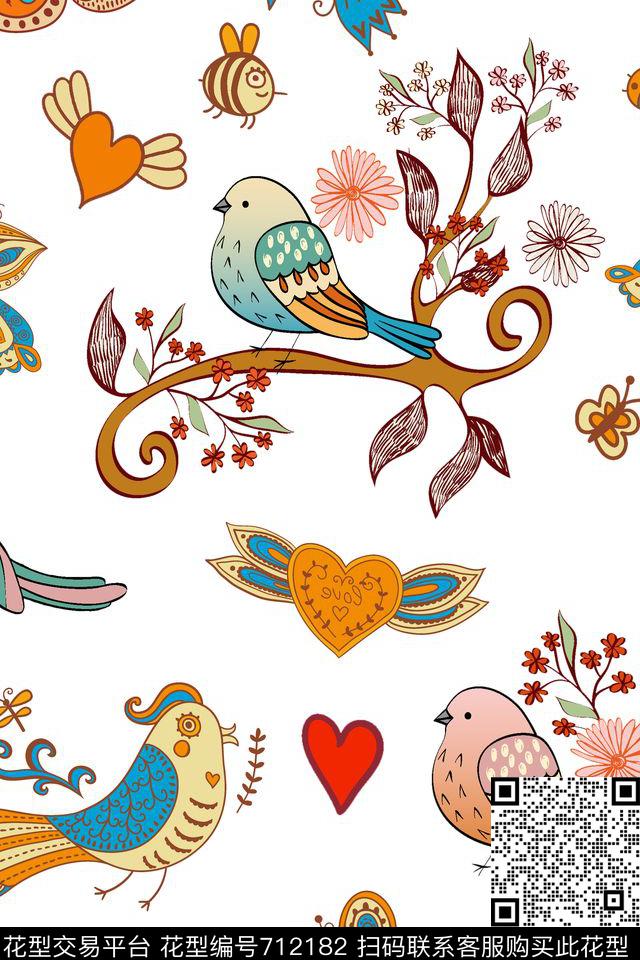 蝴蝶鸟蜜蜂数码印花华亿平台下载（图片编号: 712182） - 瓦栏（Walan）