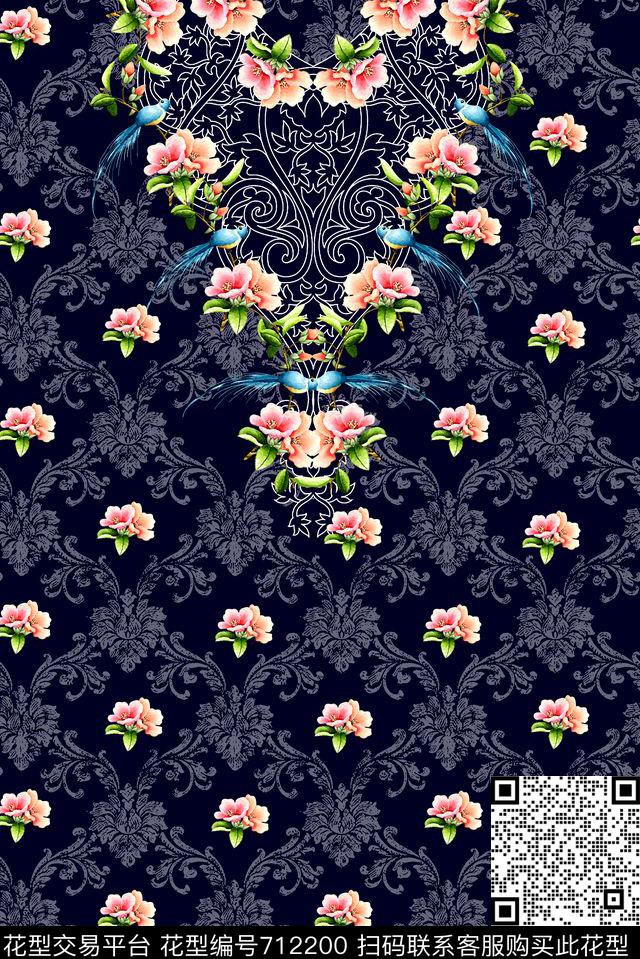 花卉水彩花刺绣花中国风花鸟复古暗花抽象定位女装花数码印花华亿平台下载（图片编号: 712200） - 瓦栏（Walan）