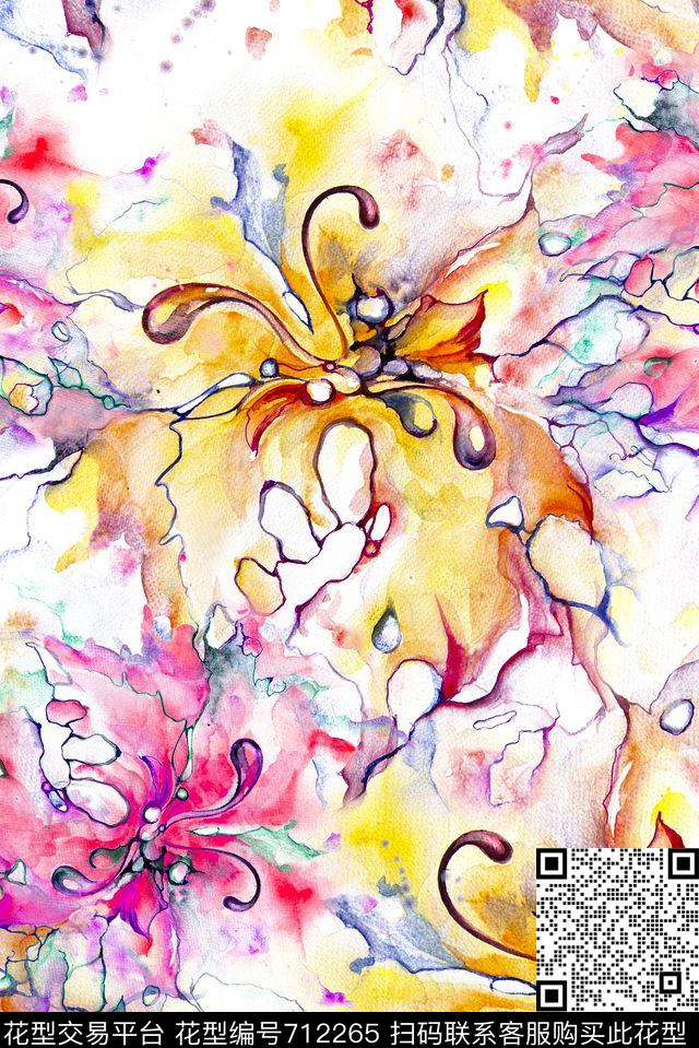 满版水彩花卉数码印花华亿平台下载（图片编号: 712265） - 瓦栏（Walan）