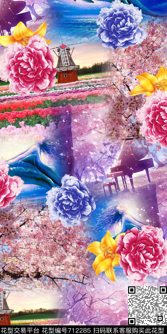 抽象炫光桃花数码印花华亿平台下载（图片编号: 712285） - 瓦栏（Walan）