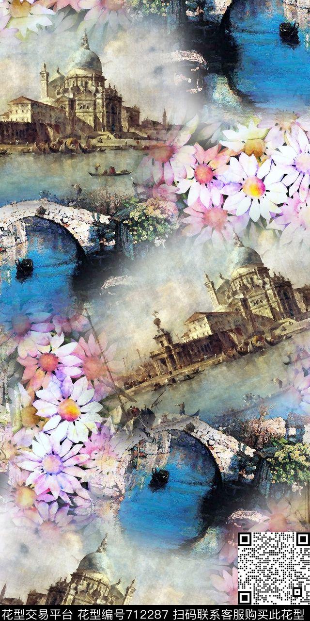 油画欧式城堡桥数码印花华亿平台下载（图片编号: 712287） - 瓦栏（Walan）