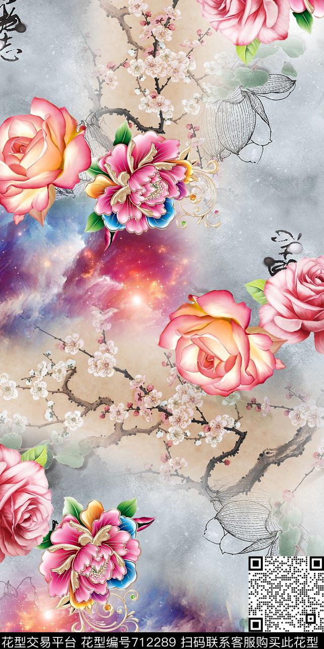 桃花云纹花星空数码印花华亿平台下载（图片编号: 712289） - 瓦栏（Walan）
