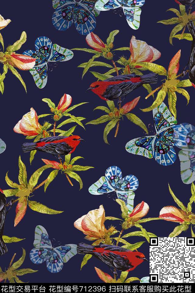青蓝雅韵系列鸟昆虫图案蝴蝶纷飞数码印花华亿平台下载（图片编号: 712396） - 瓦栏（Walan）