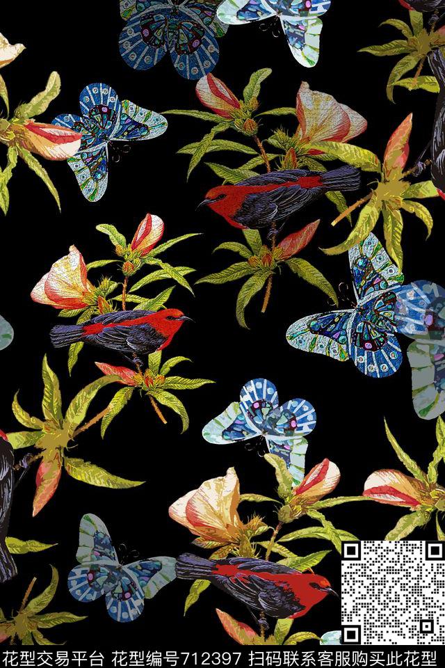 青蓝雅韵系列鸟昆虫图案蝴蝶纷飞数码印花华亿平台下载（图片编号: 712397） - 瓦栏（Walan）