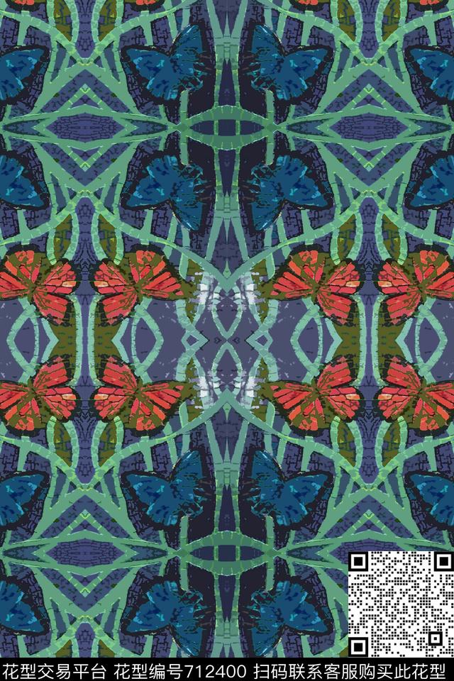 青蓝雅韵系列条纹混搭抽象花卉数码印花华亿平台下载（图片编号: 712400） - 瓦栏（Walan）