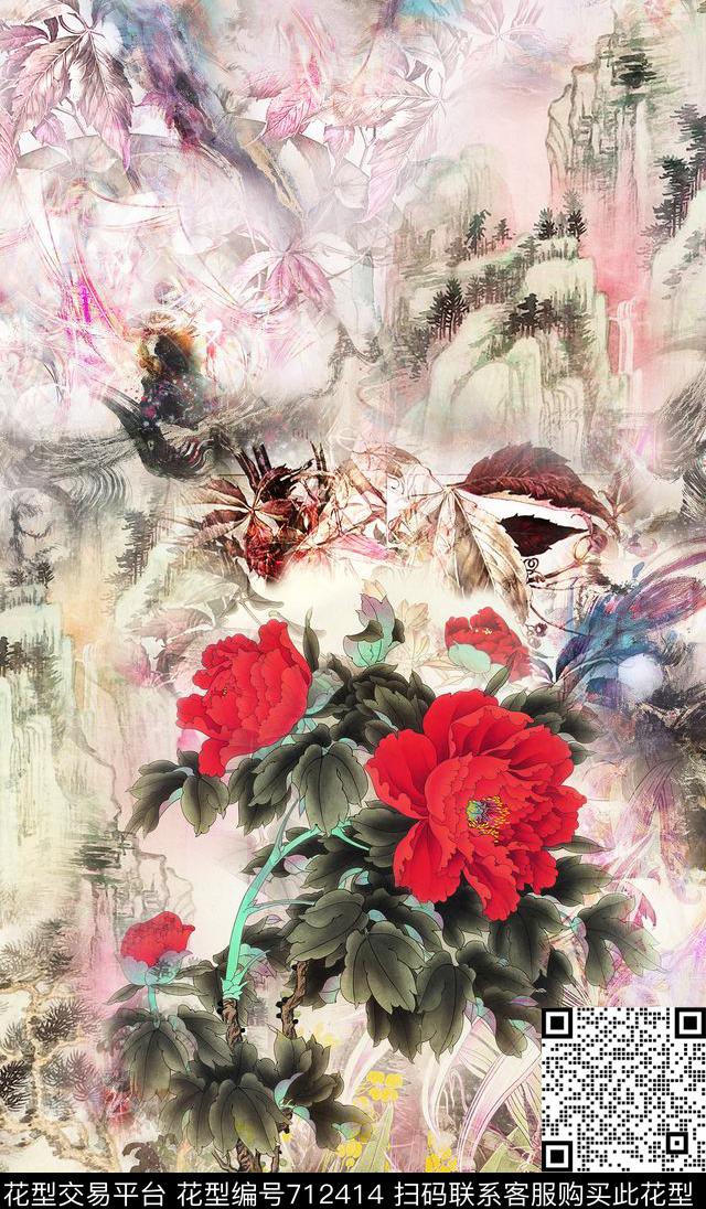 国画花朵花卉数码印花华亿平台下载（图片编号: 712414） - 瓦栏（Walan）